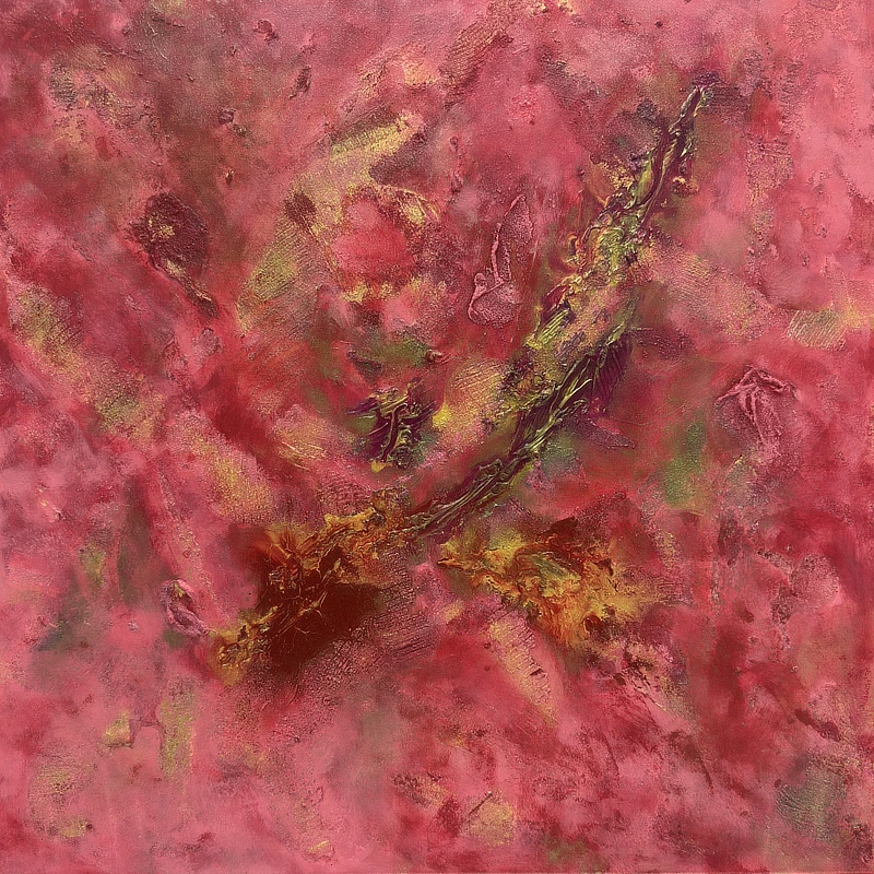 Abstraktní malba Hezké ztráty s výraznou strukturou v odstínech starorůžové a zemité červené, akryl na plátně.