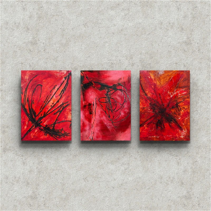 A series of three abstract red paintings by Štěpánka Pluhařová installed as a triptych on a gray textured wall.
